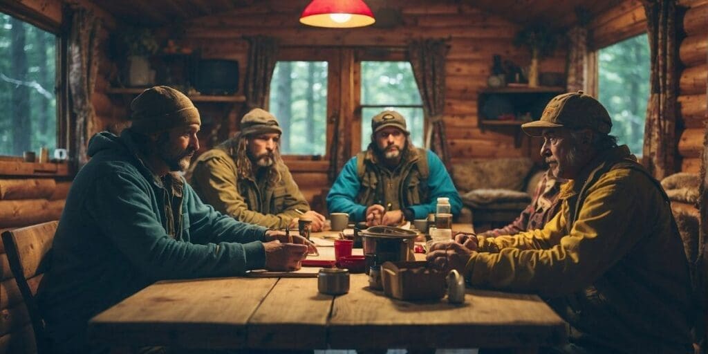 A group of men sitting around a table in a cabin.