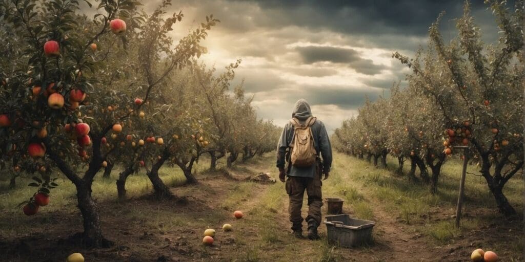 A man walking through a fruit tree orchard.