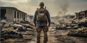 A man with a backpack is standing in front of ruins, ready to conquer this Dangerous World.