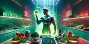 A futuristic kitchen setting with a holographic interface and a stylized, translucent humanoid figure interacting with technology, surrounded by vibrant food items and neon lighting, unleashing the power of biohacking diets.