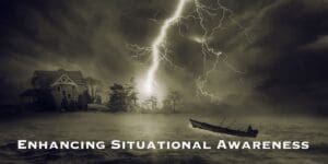 Lightning storm by a solitary house with a canoe in the foreground and text 'enhancing situational awareness through CSC Course'.