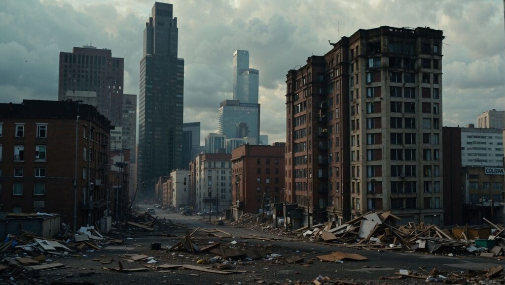 Urban landscape showing debris-strewn streets with damaged buildings and distant skyscrapers under a cloudy sky.