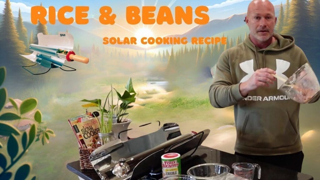 Man demonstrating a solar cooking recipe for rice and beans.