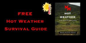 Promotional material for a "free hot weather survival guide" by the modern warrior project, featuring a thermometer and sun graphic alongside a mountainous landscape.