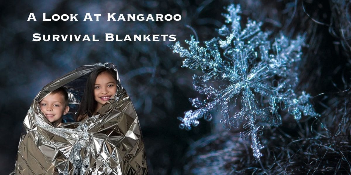 Two children wrapped in emergency thermal blankets with a macro image of a snowflake in the background.