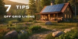 Solar-powered cabin in a lush forest setting with advice on sustainable off-grid living and self-sufficiency.