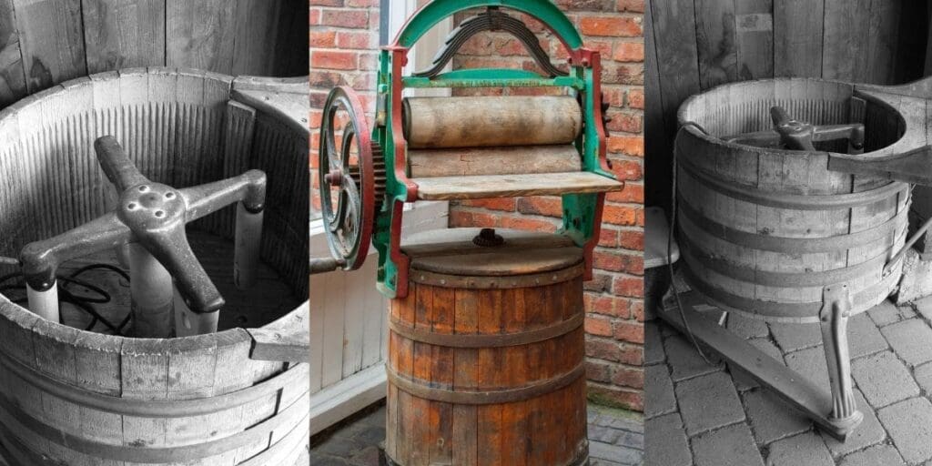 A triptych of black and white photographs featuring the vintage art of hand-washing clothes, including a wooden barrel, pressing machine, and crushing tools.