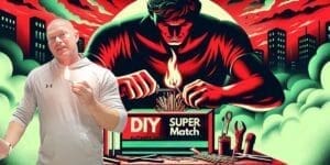 A man in a white shirt stands next to an illustrated poster featuring a muscular figure lighting a survival tool with a cityscape in the background, above the words "DIY Super Match.