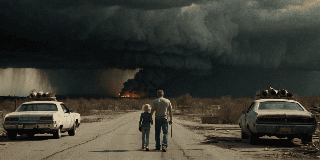 An adult and a child, emphasizing survival preparedness, hold hands while walking down a deserted road, with a large, ominous cloud of smoke and flames rising from a fire in the distance, flanked