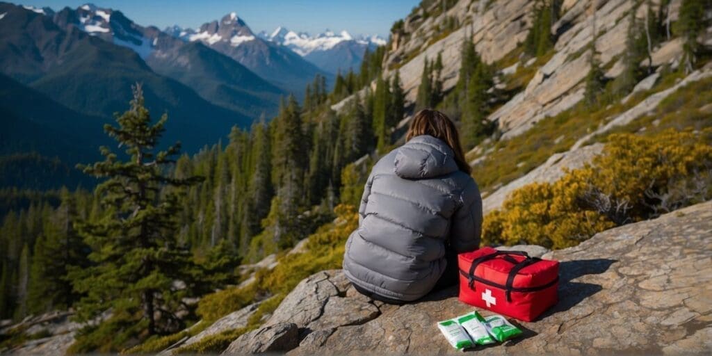 A woman sits on top of a mountain with a first aid kit.