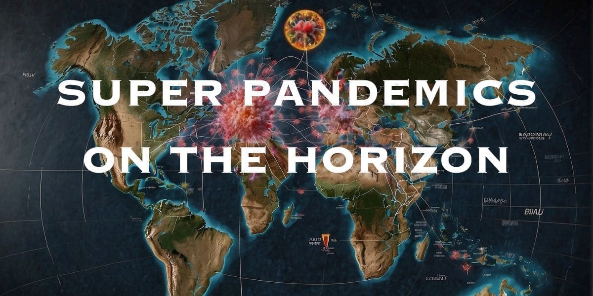 World map highlighting 5 looming threats of potential "super pandemics on the horizon" with explosive imagery at various locations.