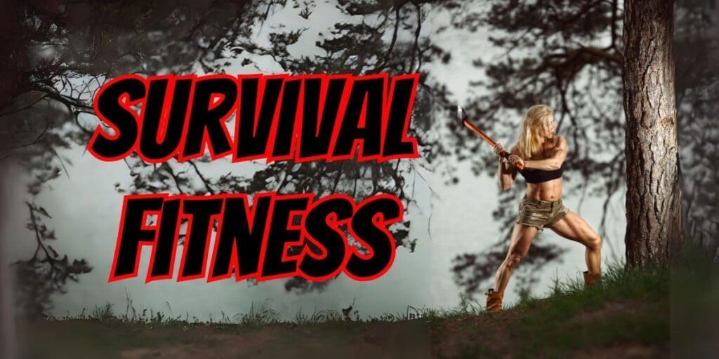 Man practicing with a staff in a natural outdoor setting with the words "survival fitness" displayed prominently.