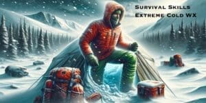 A person in a red parka sits outside an icy shelter in a snowy mountainous area, surrounded by survival gear, under the text "survival skills extreme cold wx.