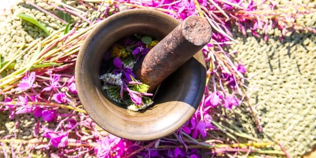 Mortar and pestle with fresh herbs and vibrant fireweed petals on a textured surface, viewed from above.