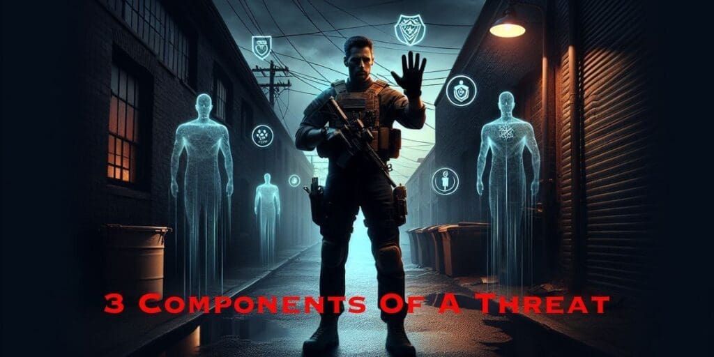 A tactical officer stands in a dark alleyway, surrounded by three holographic figures with icons above them. Text at the bottom reads "3 Critical Components Of A Threat.