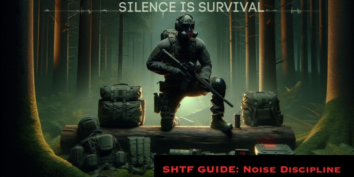 A soldier in tactical gear kneels in a forest, surrounded by gear and weapons, under a banner that reads "silence is survival, shtf guide: noise discipline.