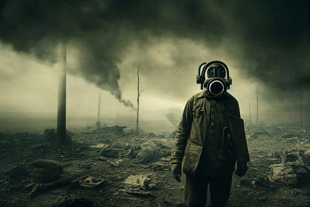 man with gas mask in apocalyptic post war environment