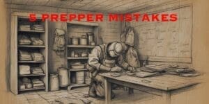 A detailed sketch depicting a person in tactical gear working on a table in a room filled with supplies. The text "5 PREPPER MISTAKES" is prominently displayed in red at the top of the image.