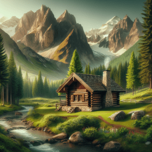 A wooden cabin nestled in the mountains with a river flowing nearby.
