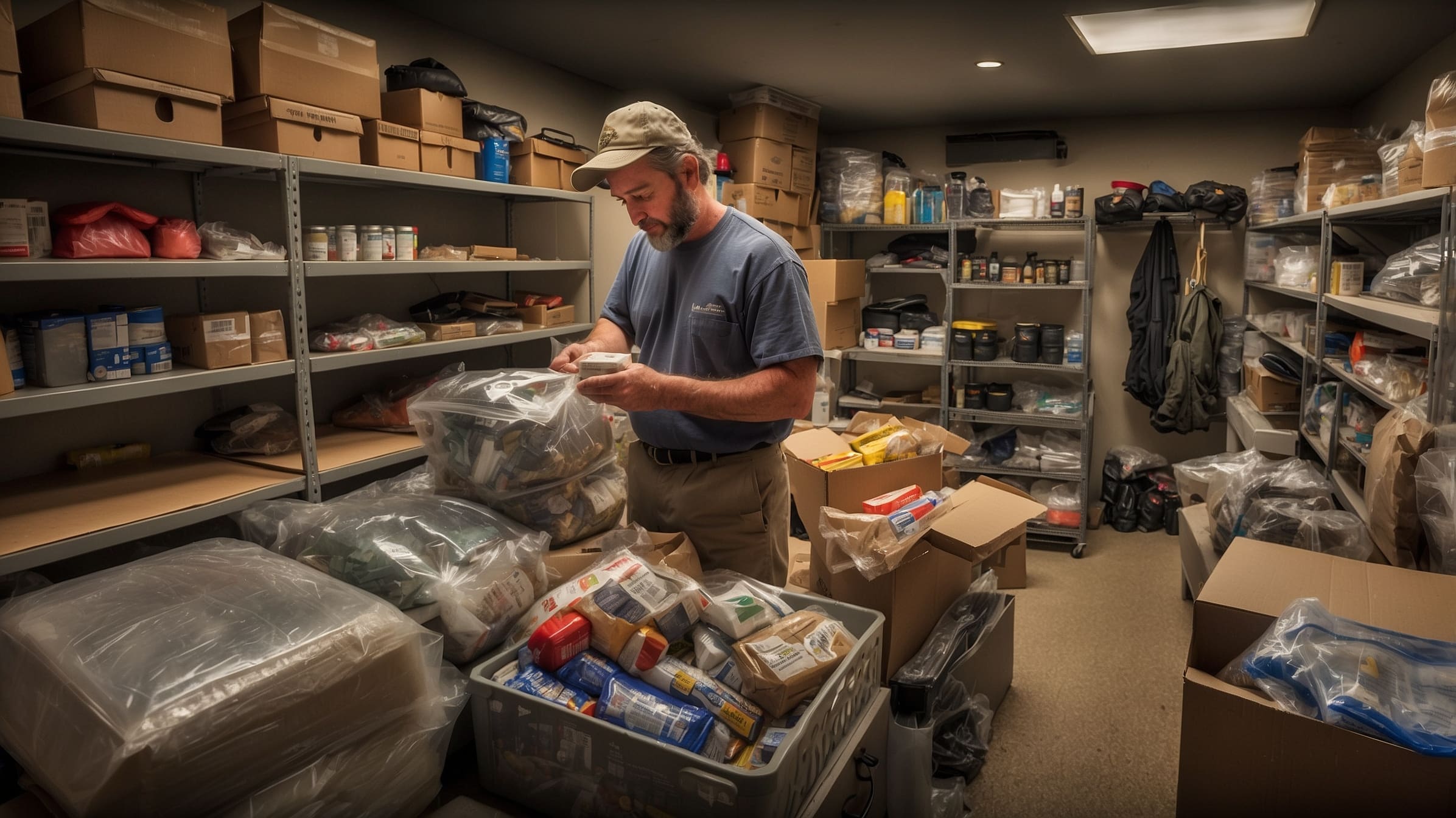 A man in a packed storage room inspects a package. Shelves around him are filled with various boxes, containers, and supplies, creating an extensive stockpile. He wears a blue shirt, khaki pants, and a cap.