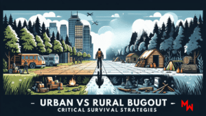 Illustration depicting a split view of urban and rural survival scenarios, with a person at the center and text "Urban vs Rural Bugout: Critical Survival Strategies" below.