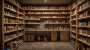A well-organized prepper pantry with wooden shelves filled with various food items in jars, cans, and baskets, lit by a spotlight from above, showcases efficient stockpiling.
