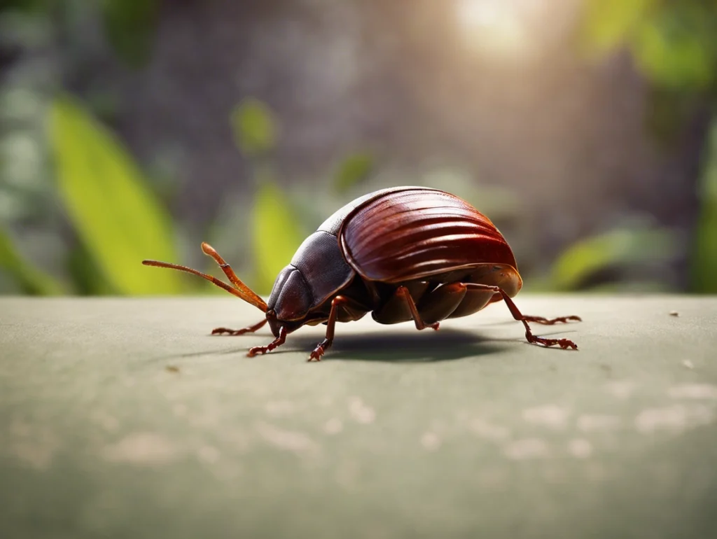 Close-up of a brown June Bug with a shiny shell, standing on a smooth surface with blurred greenery and sunlight in the background.