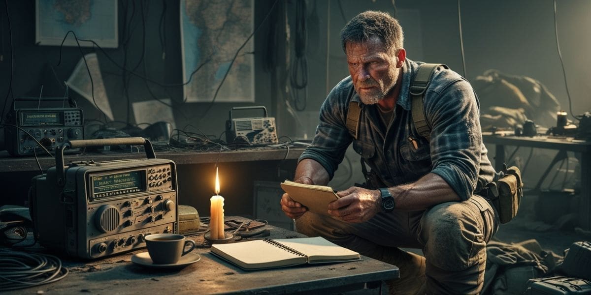 A man in tactical gear studies a notebook at a table lit by a candle. Radios, maps, and wires are on the table in a dimly lit room.