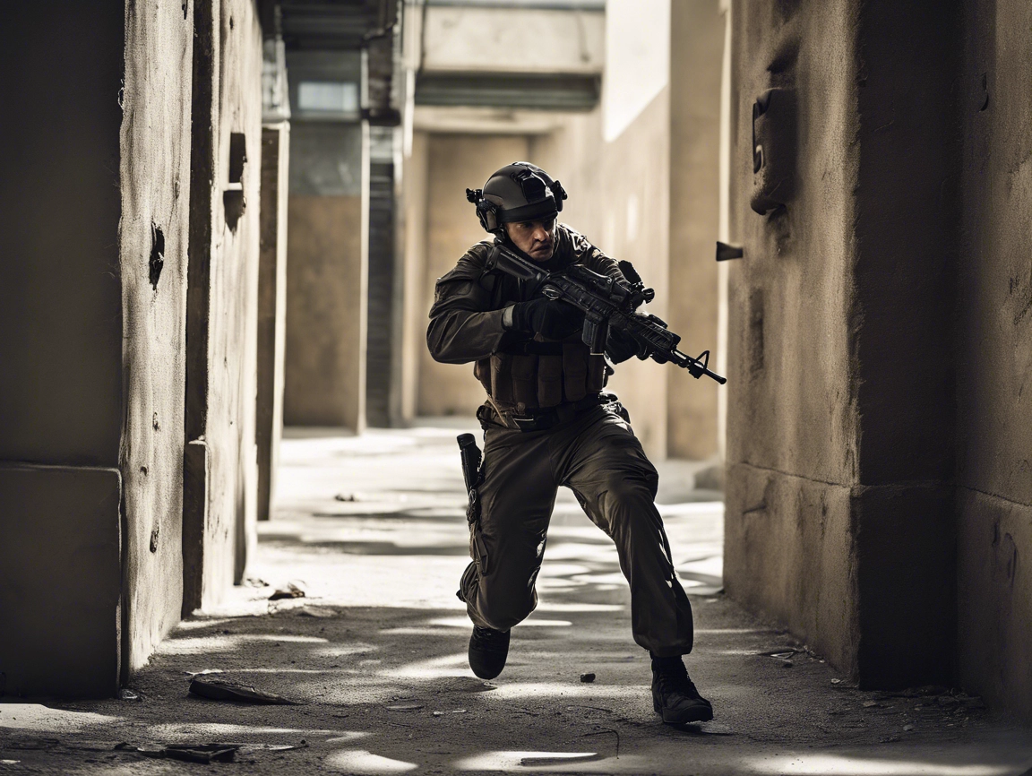 Amidst the rays of sun filtering through, a soldier in tactical gear demonstrates resilience as he runs through a narrow passage, rifle held alertly.